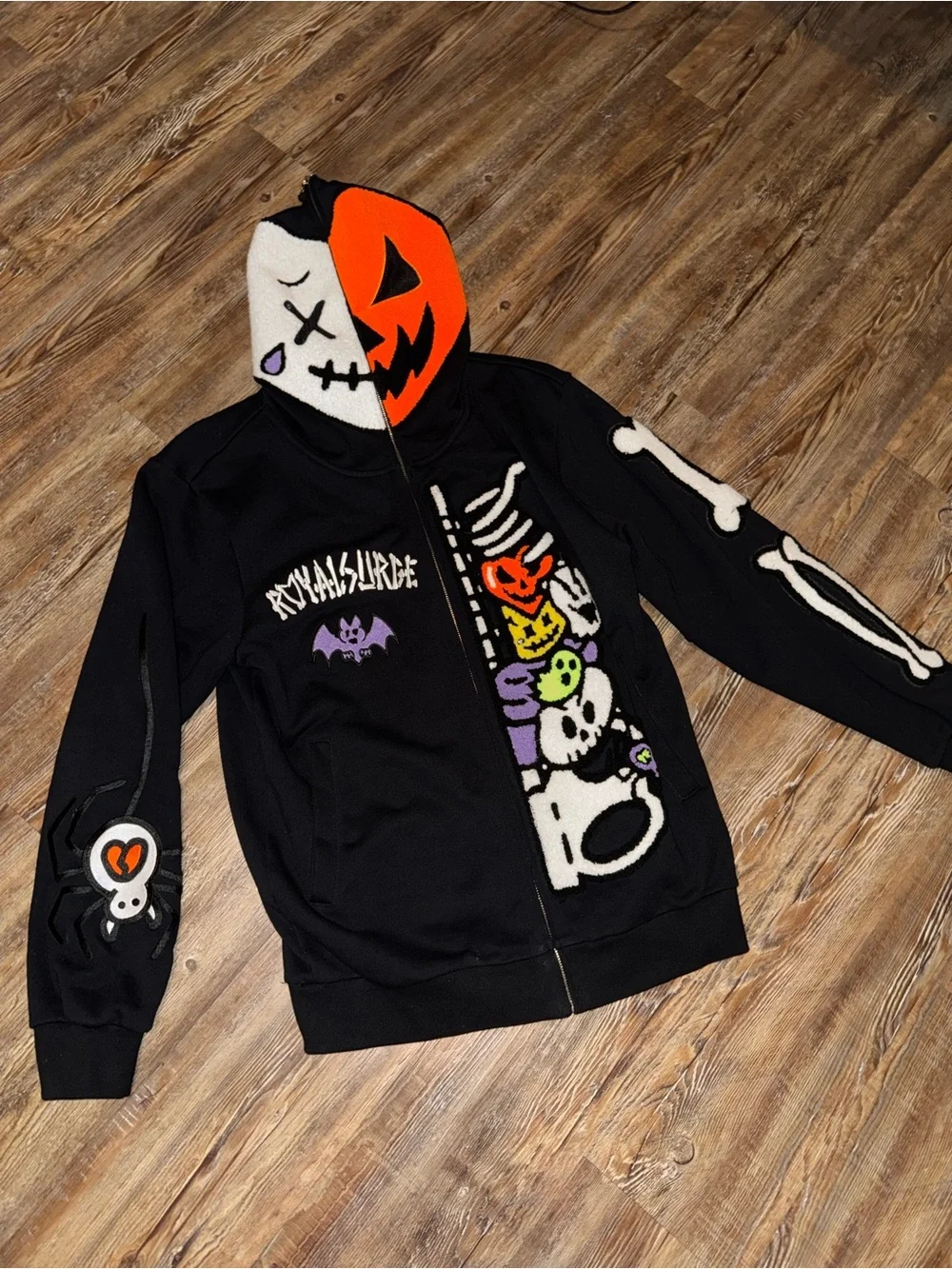 Black Halloween Graphic Zip Hoodie Jacket with Colorful Skull Patchwork